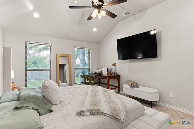 2823 Pistoia Trl, Temple, TX 76502 - bedroom with vaulted ceiling, multiple windows, recessed lighting, and ceiling fan