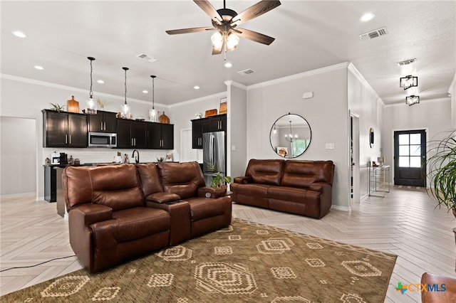 2823 Pistoia Trl, Temple, TX 76502 - living area with a ceiling fan, crown molding, recessed lighting, and bar with sink