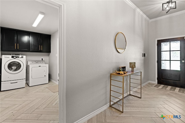 2823 Pistoia Trl, Temple, TX 76502 - washroom featuring cabinet space, washing machine and clothes dryer, and crown molding