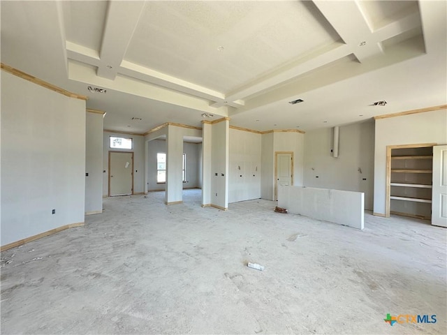 403 Magnolia Dr, Troy, TX 76579 - unfurnished living room with coffered ceiling and beam ceiling