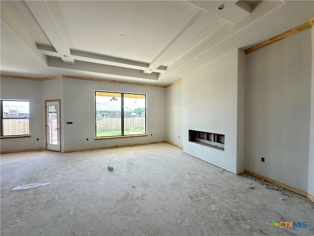 403 Magnolia Dr, Troy, TX 76579 - unfurnished living room featuring a fireplace, crown molding, and beam ceiling