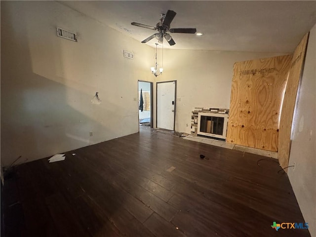 2103 Dickens Dr, Killeen, TX 76543 - unfurnished living room with wood finished floors, ceiling fan, and vaulted ceiling