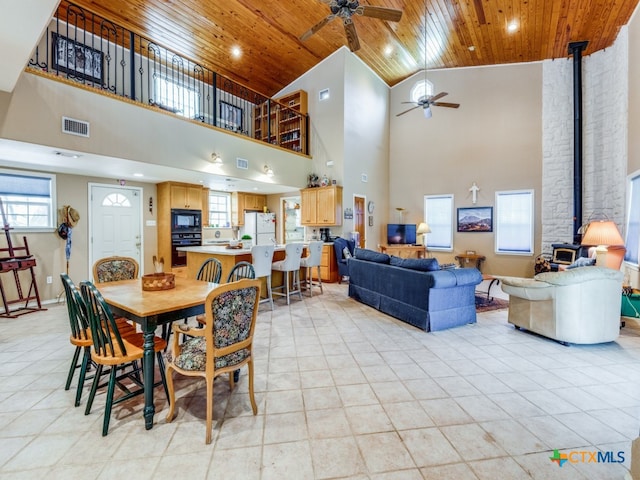 dining room with a wood stove, high vaulted ceiling, ceiling fan, and wooden ceiling