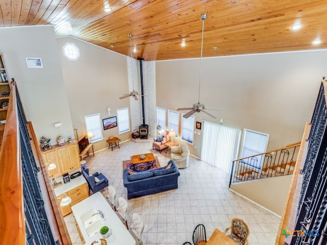 living room featuring wooden ceiling, ceiling fan, a wood stove, and high vaulted ceiling