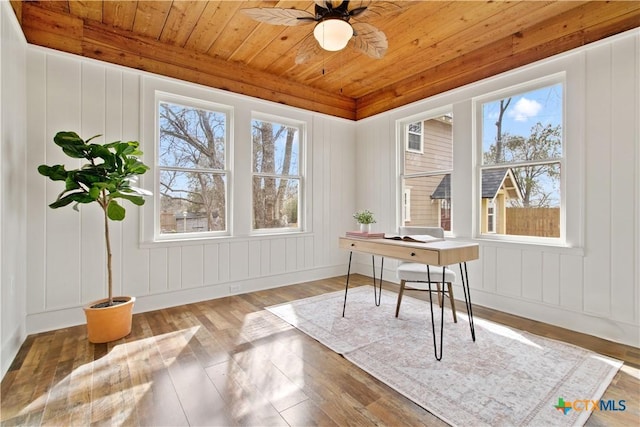 office area featuring wooden ceiling, ceiling fan, and hardwood / wood-style floors