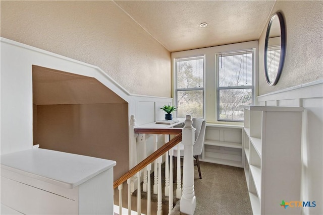 interior space featuring a textured wall, a wainscoted wall, a textured ceiling, carpet floors, and a decorative wall