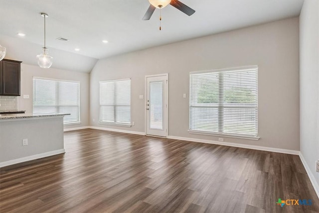 1202 Amber Dawn Dr, Temple, TX 76502 - unfurnished living room with a ceiling fan, lofted ceiling, dark wood-style flooring, and recessed lighting