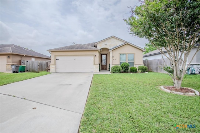single story home featuring a front yard, driveway, a garage, and stucco siding