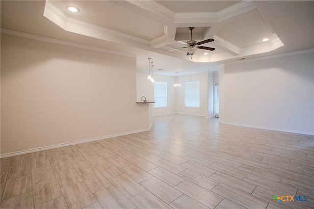 empty room with ornamental molding, coffered ceiling, beamed ceiling, and ceiling fan with notable chandelier