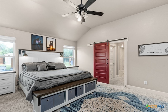 125 Savage Cir, Copperas Cove, TX 76522 - bedroom featuring a barn door, light carpet, vaulted ceiling, baseboards, and ceiling fan