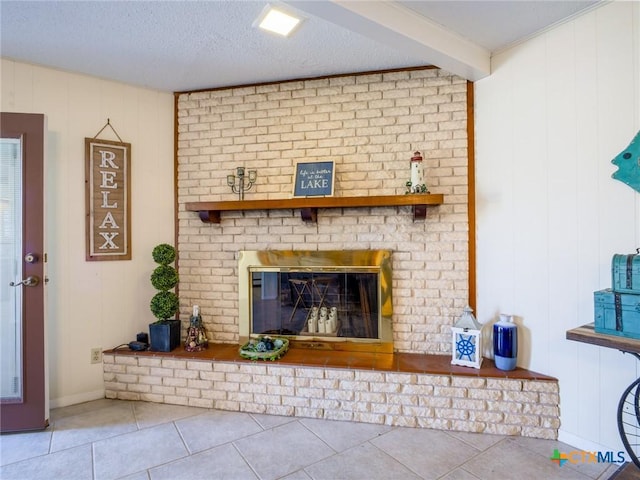 106 Flamingo Cir, Marble Falls, TX 78654 - living area featuring a brick fireplace and tile patterned floors