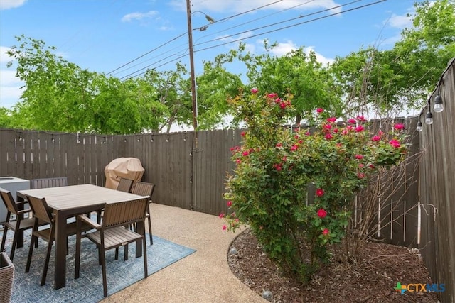 view of patio / terrace featuring a fenced backyard and outdoor dining space