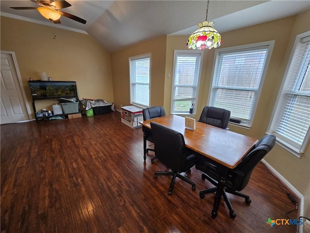 home office featuring lofted ceiling, hardwood / wood-style flooring, ornamental molding, and ceiling fan