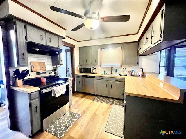 kitchen with appliances with stainless steel finishes, sink, decorative backsplash, ceiling fan, and light hardwood / wood-style flooring