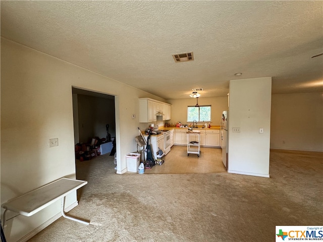 kitchen with white cabinets, a textured ceiling, and light carpet