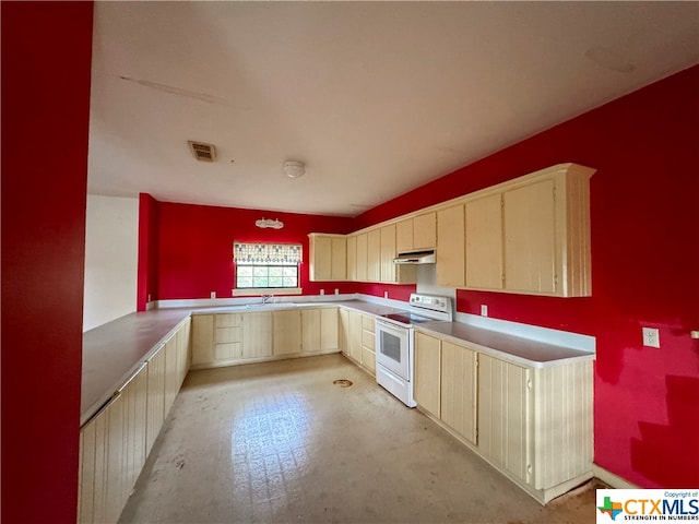 kitchen featuring light brown cabinetry, kitchen peninsula, white electric range, and sink