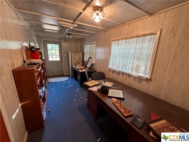 home office with wood walls