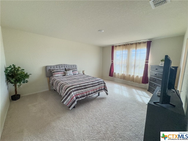 carpeted bedroom with a textured ceiling