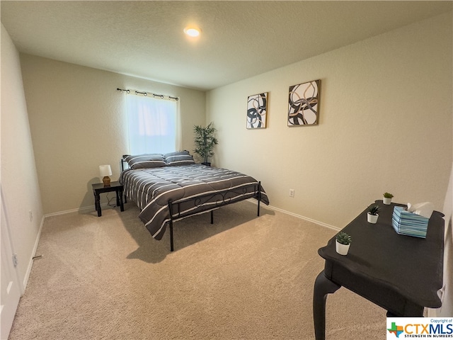 bedroom with a textured ceiling and carpet flooring