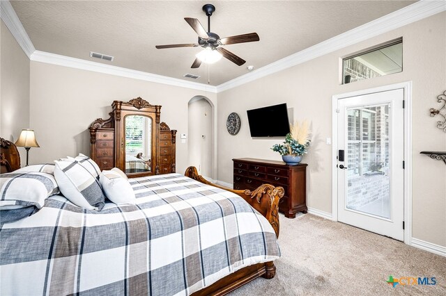 19530 Creekview Oaks, San Antonio, TX 78266 - carpeted bedroom featuring ornamental molding, access to outside, a ceiling fan, and arched walkways