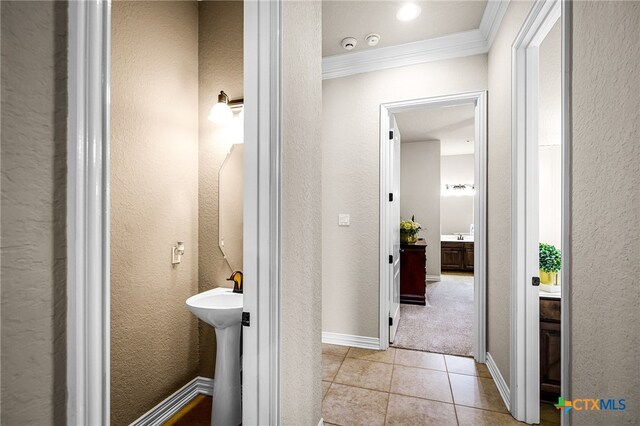 19530 Creekview Oaks, San Antonio, TX 78266 - bathroom with crown molding, tile patterned flooring, and a textured wall