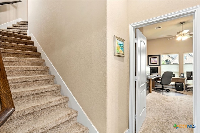 stairway with ceiling fan and carpet floors