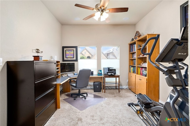 office with ceiling fan and carpet