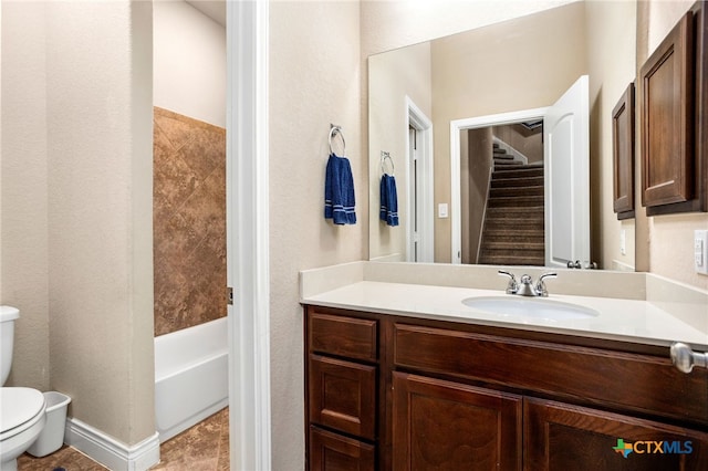 full bathroom with toilet, shower / tub combination, vanity, and tile patterned flooring