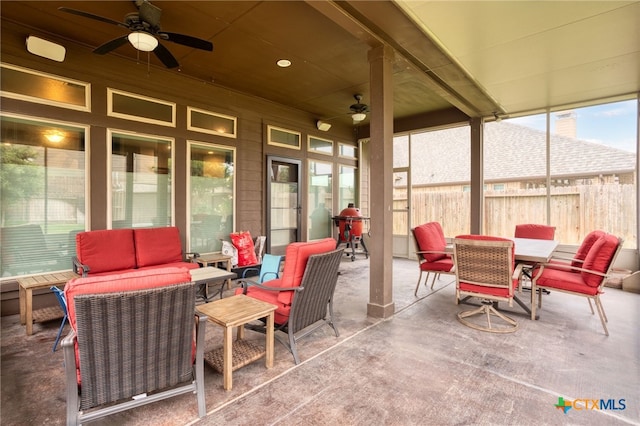 view of patio with ceiling fan and an outdoor hangout area