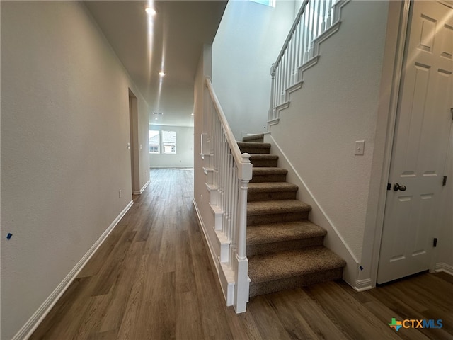 stairway with hardwood / wood-style flooring