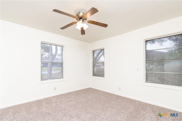 unfurnished room featuring ceiling fan and carpet flooring