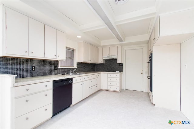 kitchen with white cabinetry, tasteful backsplash, black appliances, beam ceiling, and sink