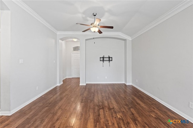 unfurnished room with ceiling fan, lofted ceiling, crown molding, and dark wood-type flooring