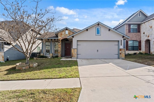 view of front of house with a garage, a front lawn, and central air condition unit