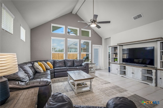 tiled living room featuring high vaulted ceiling, beamed ceiling, and ceiling fan