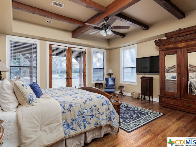 bedroom featuring dark wood-type flooring, french doors, coffered ceiling, beam ceiling, and access to exterior