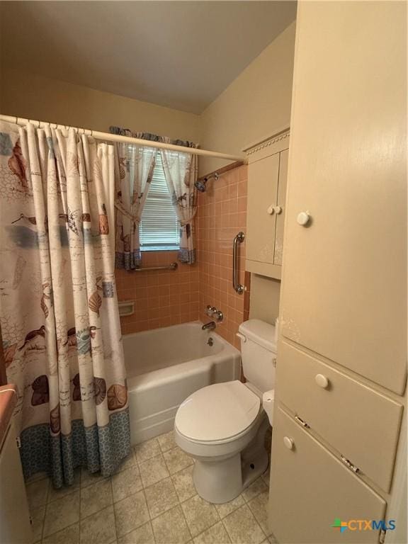 bathroom with toilet and shower / bath combination with curtain