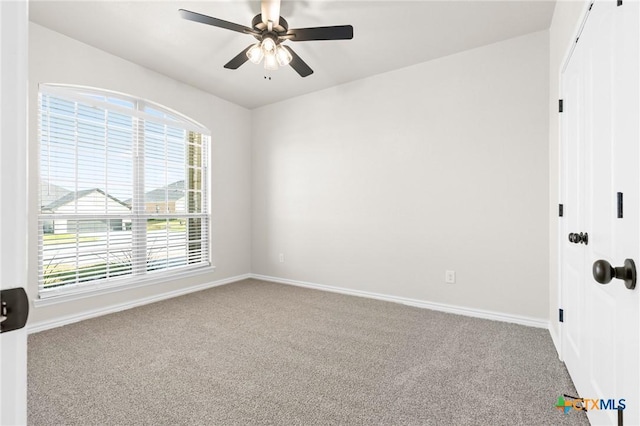 carpeted spare room featuring ceiling fan and a healthy amount of sunlight