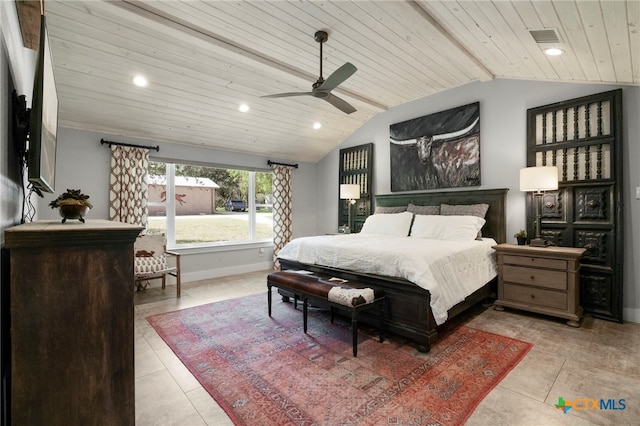 1910 S Rainbow Ranch Rd, Wimberley, TX 78676 - tiled bedroom featuring lofted ceiling, wooden ceiling, recessed lighting, baseboards, and a ceiling fan