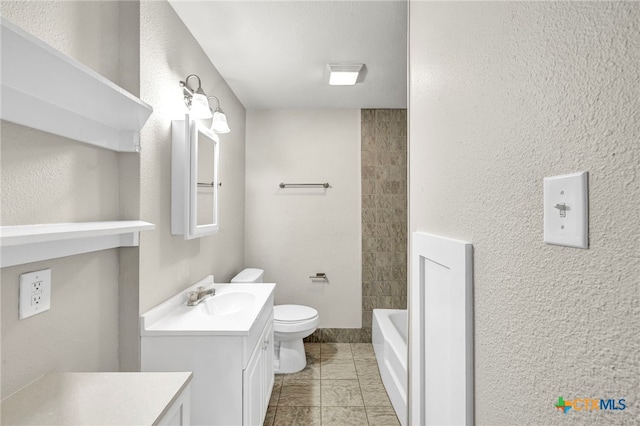 full bathroom with toilet, tub / shower combination, and vanity