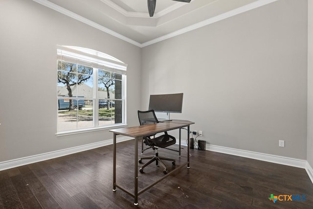 1745 Alta Vista Loop, Temple, TX 76502 - home office with a tray ceiling, baseboards, wood finished floors, and ornamental molding
