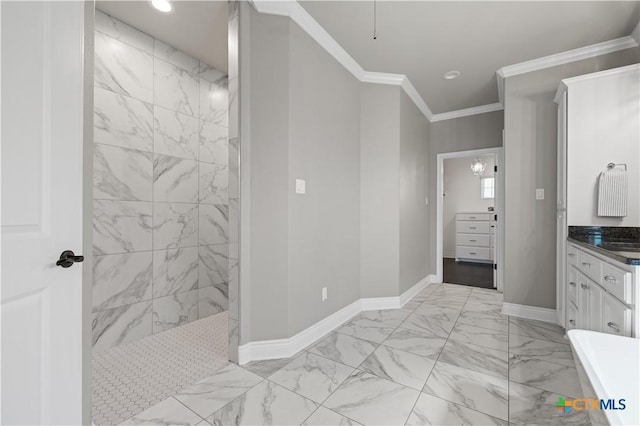 1745 Alta Vista Loop, Temple, TX 76502 - full bathroom featuring baseboards, marble finish floor, ornamental molding, vanity, and a walk in shower