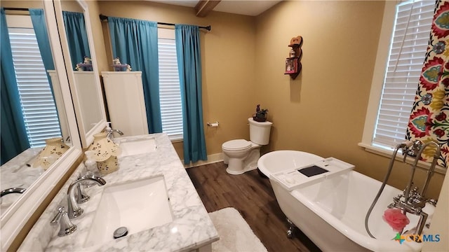 bathroom with wood-type flooring, vanity, toilet, and a bathtub