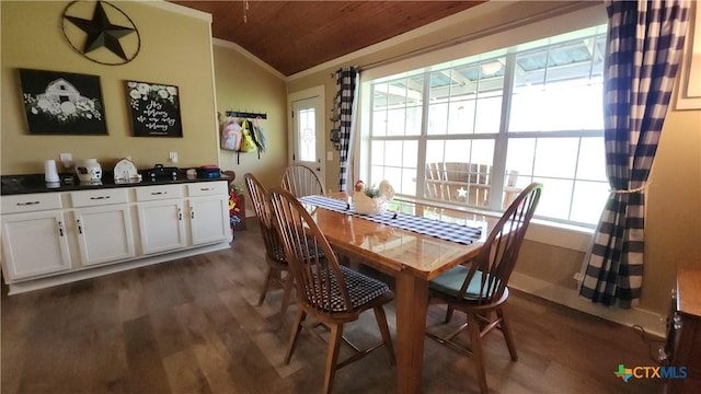 dining area featuring dark hardwood / wood-style floors, wooden ceiling, vaulted ceiling, and ornamental molding