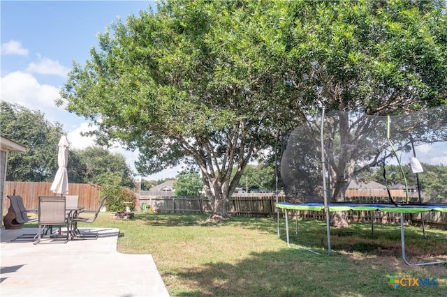 101 Arabian Dr, Victoria, TX 77904 - fenced backyard with a trampoline, a patio area, and outdoor dining area