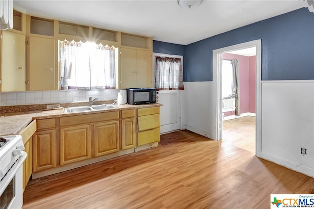 kitchen with light hardwood / wood-style floors, tasteful backsplash, sink, and white electric range oven