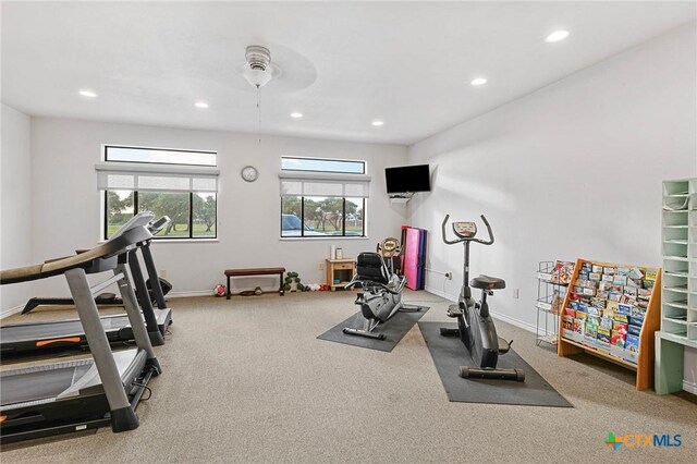 25 Augusta Cir, Aransas Pass, TX 78336 - exercise room featuring recessed lighting, carpet, and a ceiling fan