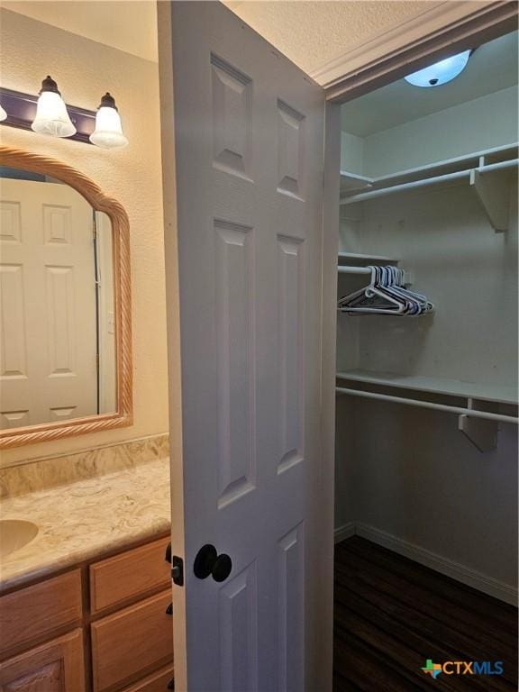 bathroom featuring wood finished floors and vanity