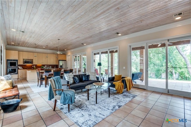 352 Ridge Crest Dr, Seguin, TX 78155 - living room with wooden ceiling, light tile patterned flooring, plenty of natural light, crown molding, and recessed lighting