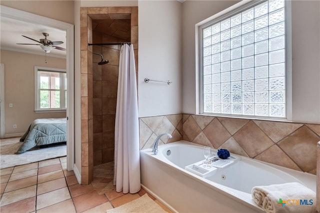 352 Ridge Crest Dr, Seguin, TX 78155 - ensuite bathroom featuring a tile shower, a tub with jets, ornamental molding, a ceiling fan, and tile patterned floors